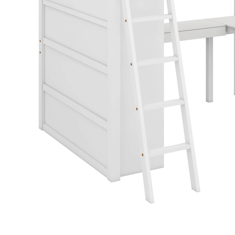 Lit mezzanine double avec bureau et tablettes, Blanc