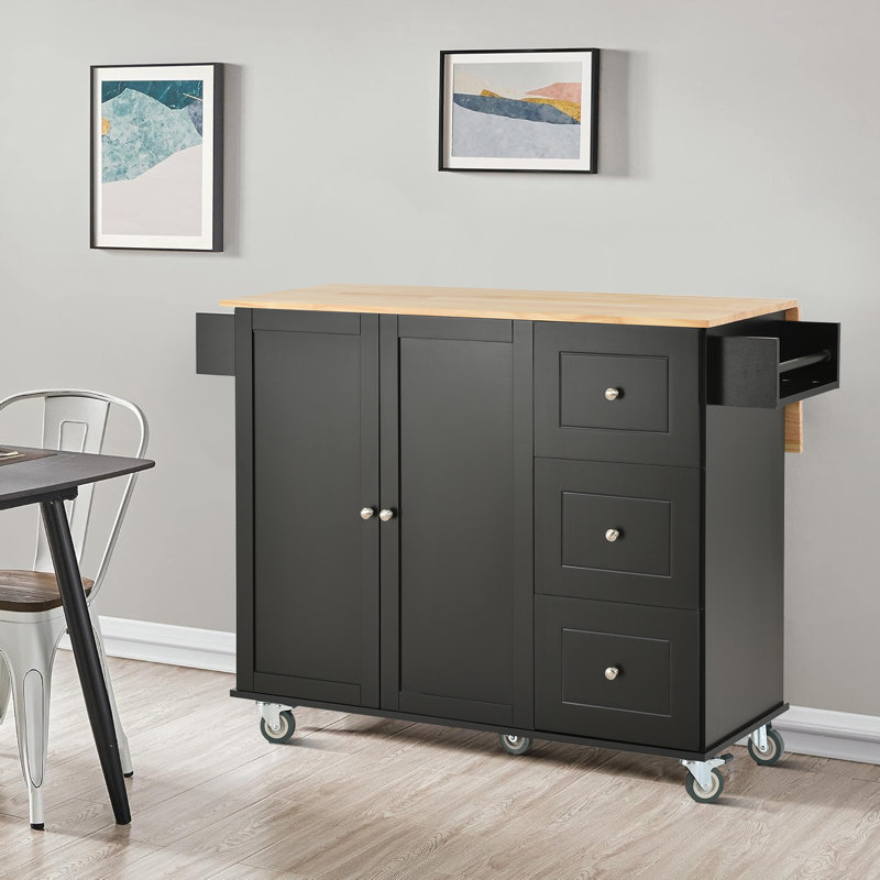 Lantha Solid Wood Top Kitchen Cart, Black