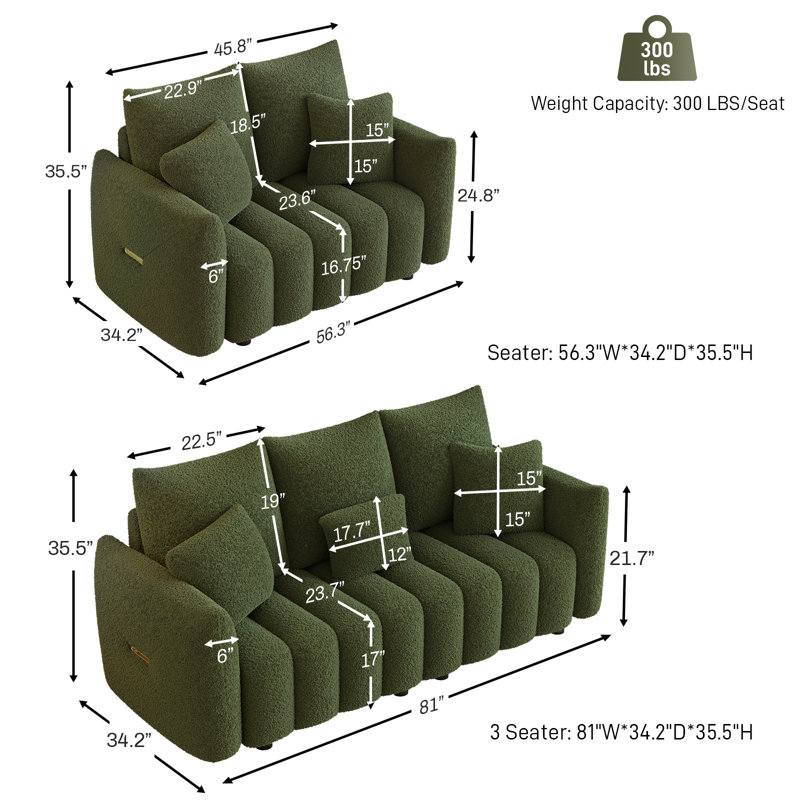 Two Piece Modern Teddy Fleece Upholstered Cloud Sofa Set, Green