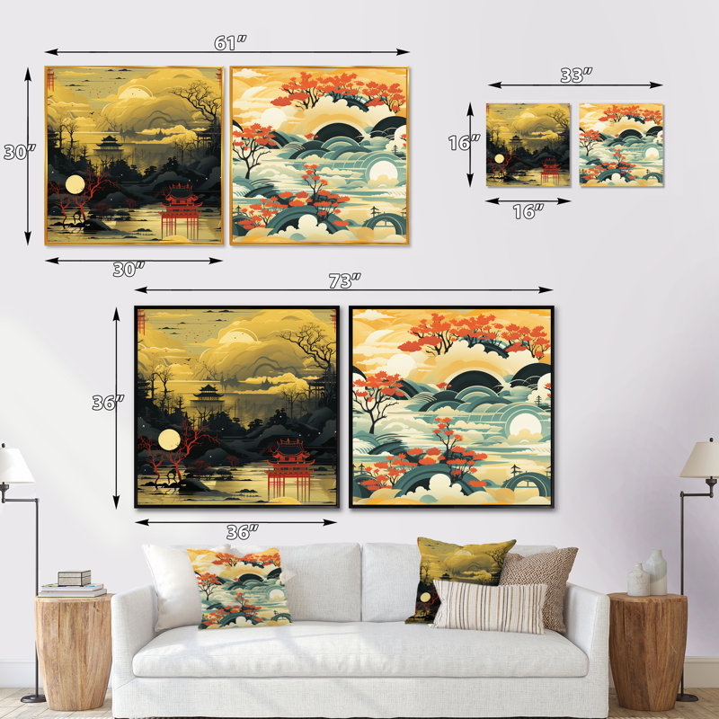 Portail jaune à motif torii jaune - paysages abstraits carrés, ensemble de 2 collages, Cadre flottant noir, H 30 po x l 61 po