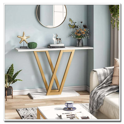 Console moderne avec plateau en faux marbre et pieds en V