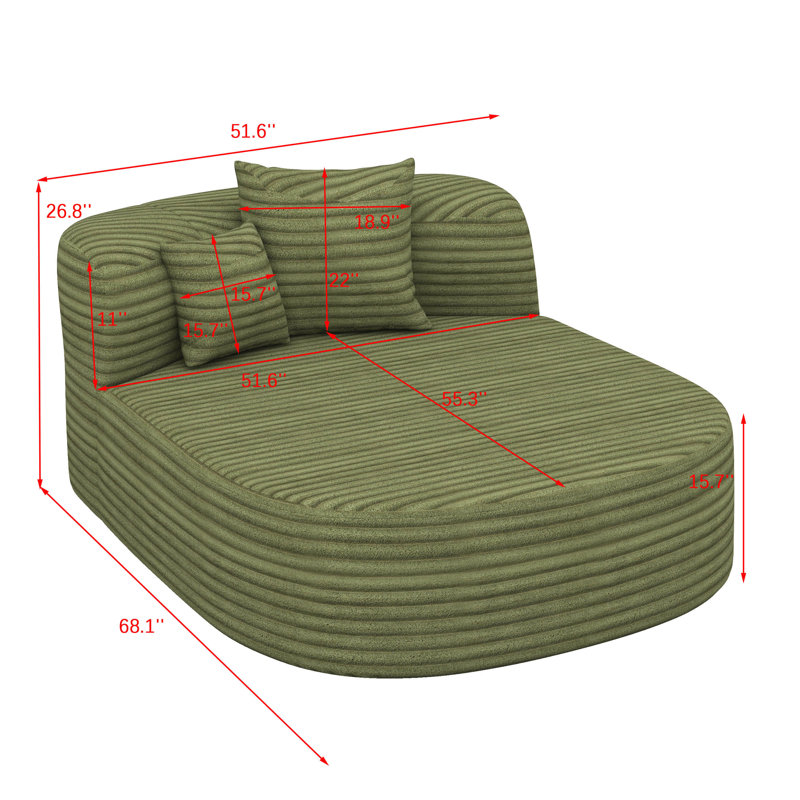 Méridienne intérieure 51,6 po, canapé-lit rembourré sans os, canapé à compression avec deux coussins de soutien, Vert