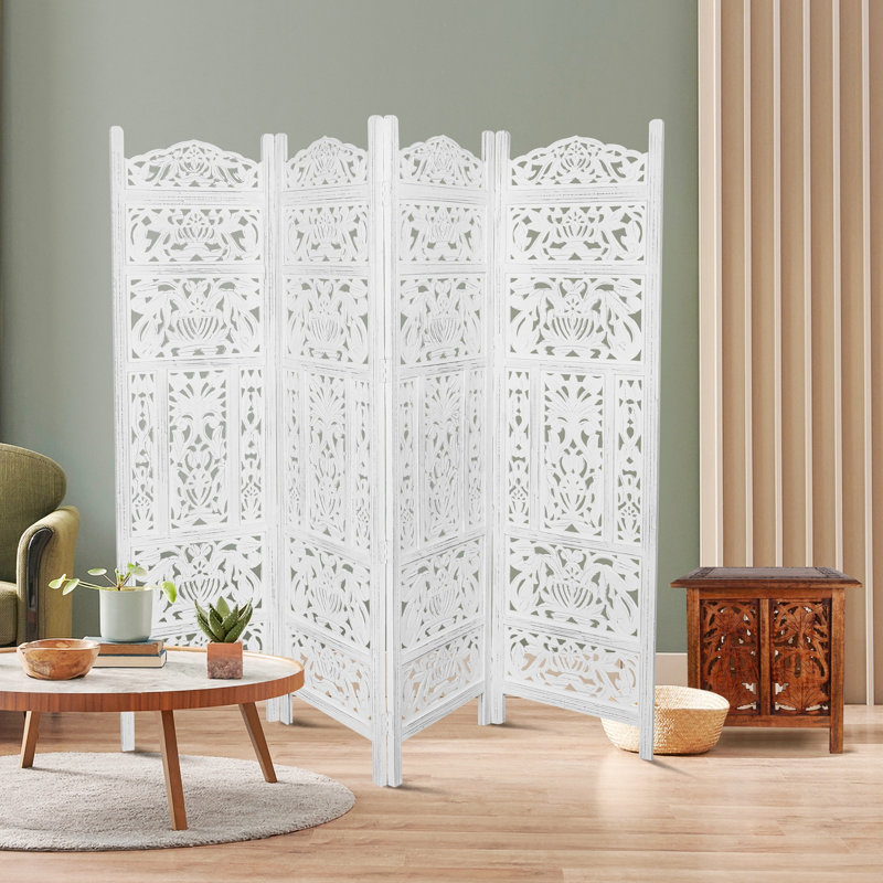 Broomsedge 200cm W x 180cm H 4 - Panel Folding Room Divider, Antique White