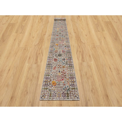 2'7" x 22'0" White Directional Vase Hand Knotted Silk With Wool XL Runner Rug