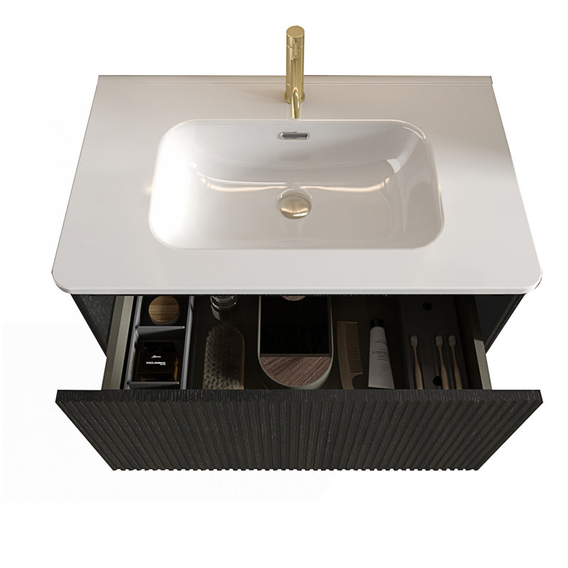 Meuble-lavabo flottant rayé avec lavabo en céramique, 30", Noir