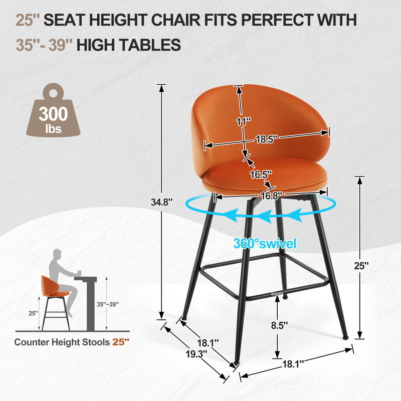 25" Swivel Upholstered Counter Height Bar Stools, Orange