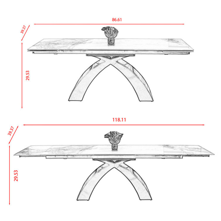 86.61"-118.11" Modern Extendable Dining Table - Brushed Black Steel Base