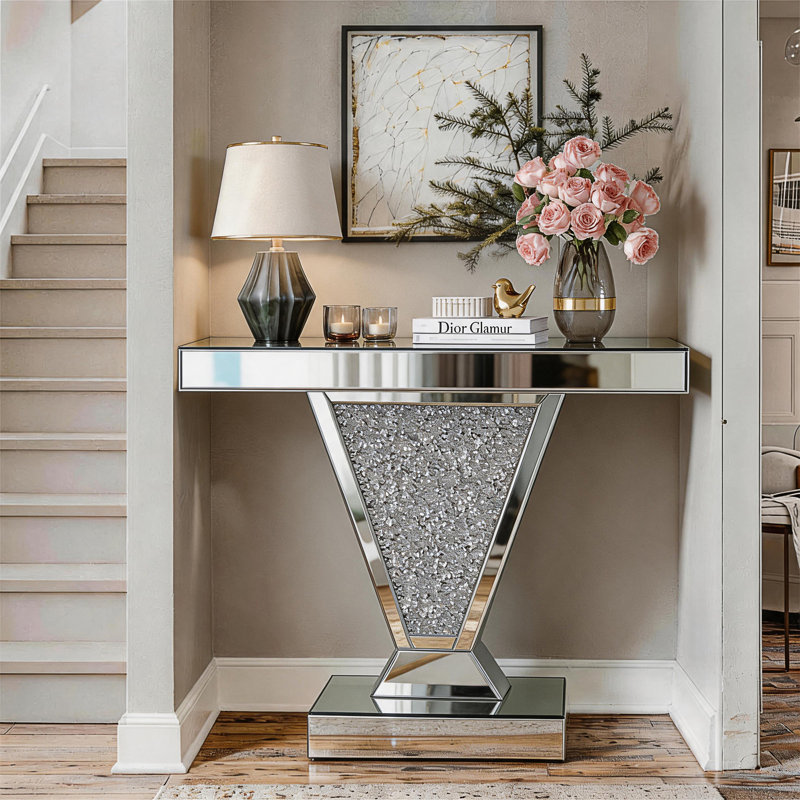 Console en miroir à écrasement de diamant, table de canapé moderne en verre réfléchissant pour hall d'entrée, table d'appoint rectangulaire en forme de V pour le couloir du salon