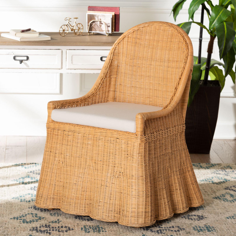 Bali & Pari Maya Natural Rattan Accent Chair - Hand Woven Wicker Dining Chair With Scalloped Skirt And Cushion, Coastal Boho Style Seating For Dining Or Living Room, Light Honey