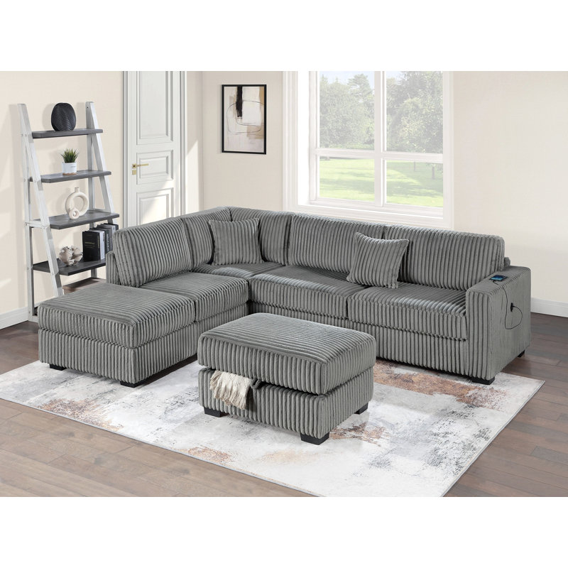 Wide Welt Corduroy Sectional Sofa Reversible Chaise Sofa W Usb Storage Ottoman Upholstered Couch Pillows 3Pc Set, Smoke