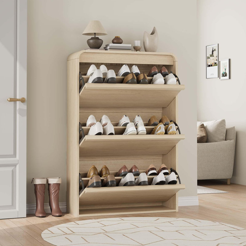  Shoe Cabinet with 3 Flip Drawers, Wooden Shoe Cabinet with Adjustable Shelf, Shoe Storage for Entryway, Hidden Shoe Cabinet for Hallway, Living Room, Natural Oak
