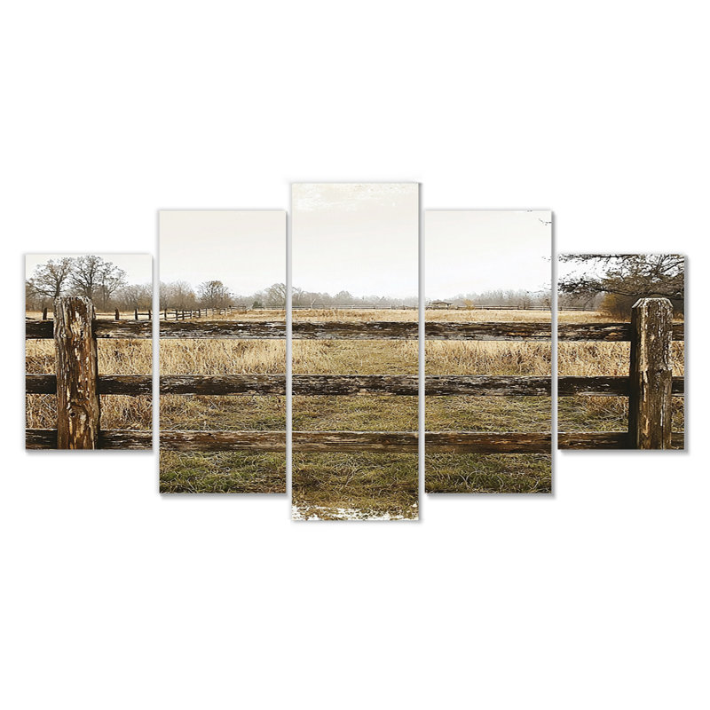 «Gray and Brown Farm Landscape Rustic Fence II», ensemble d'art mural sur toile