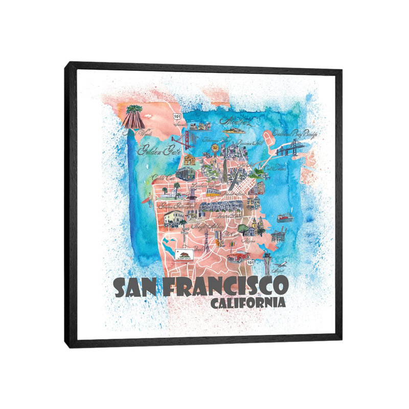 San Francisco USA Illustrated Map by Markus & Martina Bleichner - Painting on Canvas, 93.98cm H x 93.98cm W x 3.81cm D