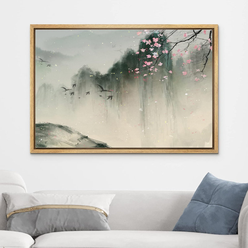 Chinoiserie " Spring Mountains With Birds And Cherry Blossom ", 24'' H x 36'' W, Natural Framed