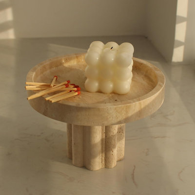 Natural Travertine Tray With Leg, Round 7.1" Vanity Decorative Tray For Countertop Organizer, Jewelry Dish