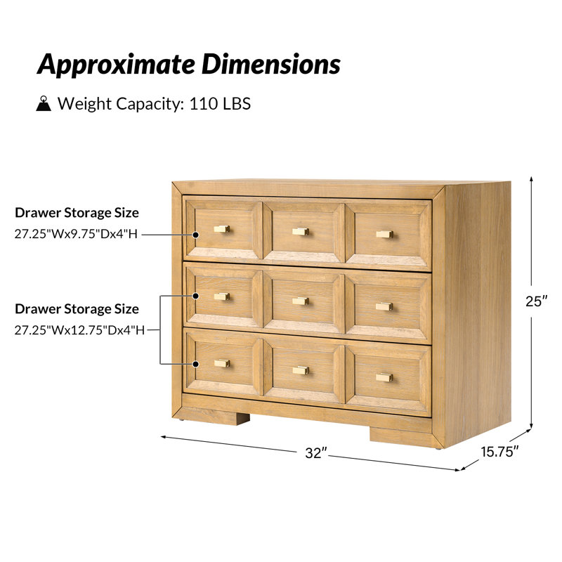 Table de chevet 3 tiroirs Royalwood Modern, Bois naturel