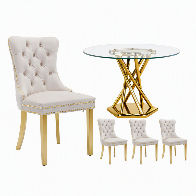 Ensemble de table de salle à manger 38,9 po en verre pour 4 tables de cuisine et de salle à manger avec 4 chaises en velours, plateau de table épais de 0,31 po et base dorée moderne
