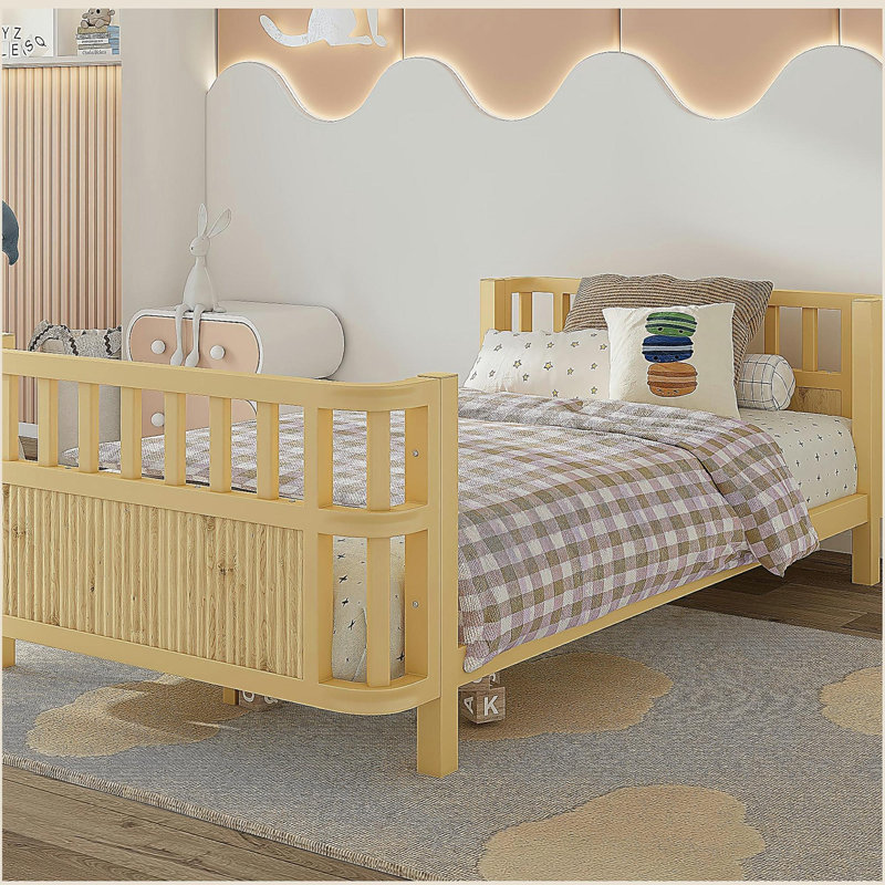 Lit plateforme double en bois pour enfants avec garde-corps, lit double en fer avec garde-corps (simple, naturel), Lit simple