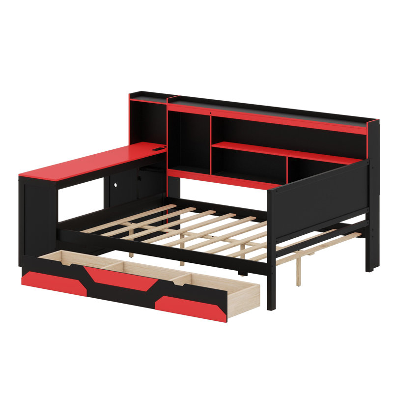 Lit de jour de jeu tout-en-un avec éclairage DEL et poste de travail, Noir et rouge