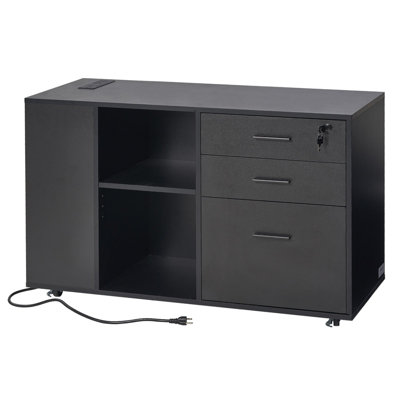 3 Drawer Wooden File Cabinet Mobile Filing Cabinet with Power Strip Black by Ebern Designs