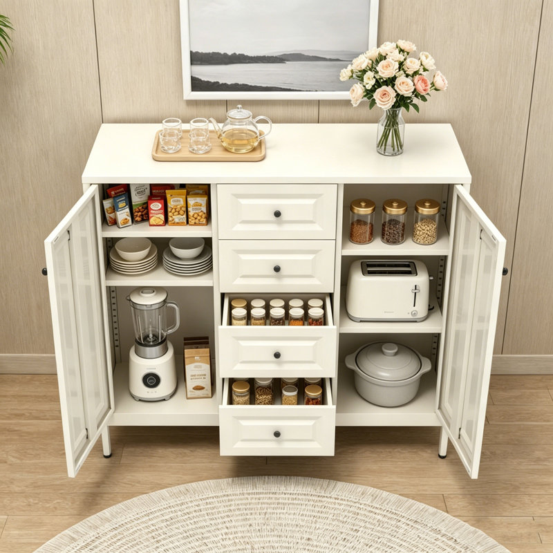 Buffet de rangement 40,16 po, armoire d'appoint autoportante avec 4 tiroirs et 2 portes, console ajustable pour le salon, la cuisine, le vestibule, le couloir et la salle de lavage (beige)