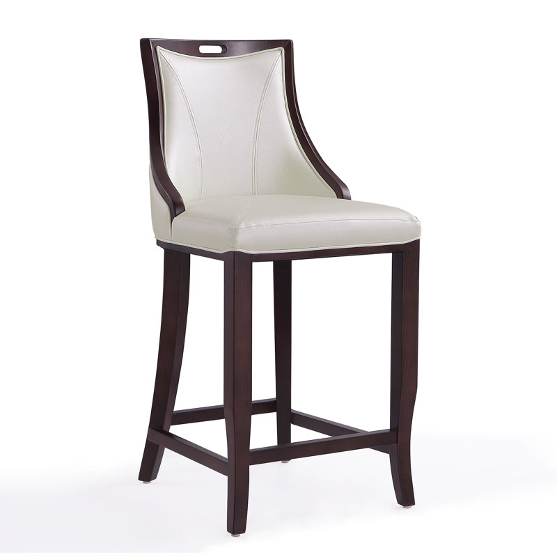 Emperor Traditional Vegan Leather Upholstered Beech Wood Bar Stool in Pearl White, Pearl White