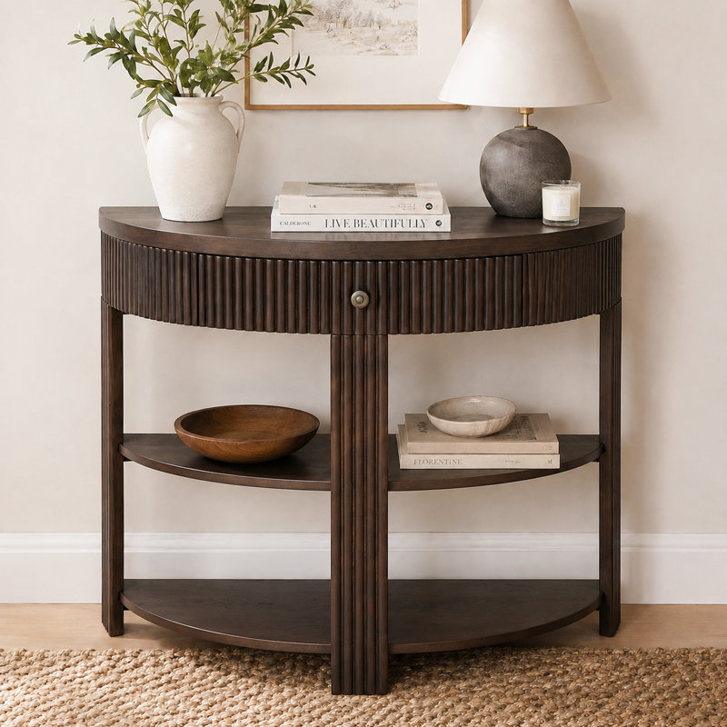 Console demi-lune de 94 cm de large avec tiroir et 2 tablettes ouvertes, Espresso