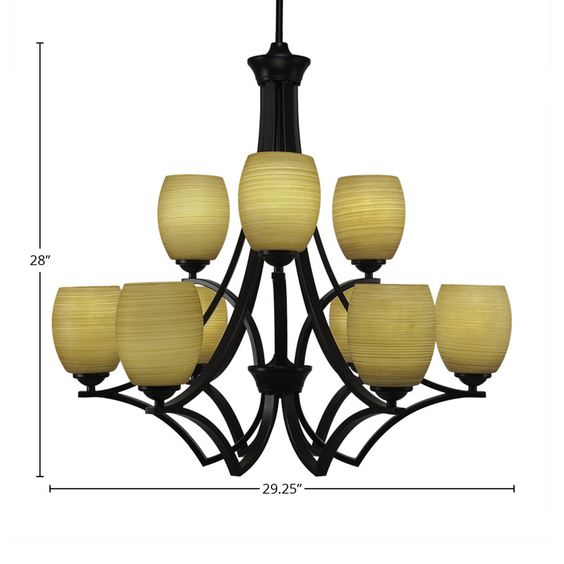 Zilo 9 Light Uplight Chandelier Shown In Matte Black Finish With 5" Cayenne Linen Glass, Matte Black, White