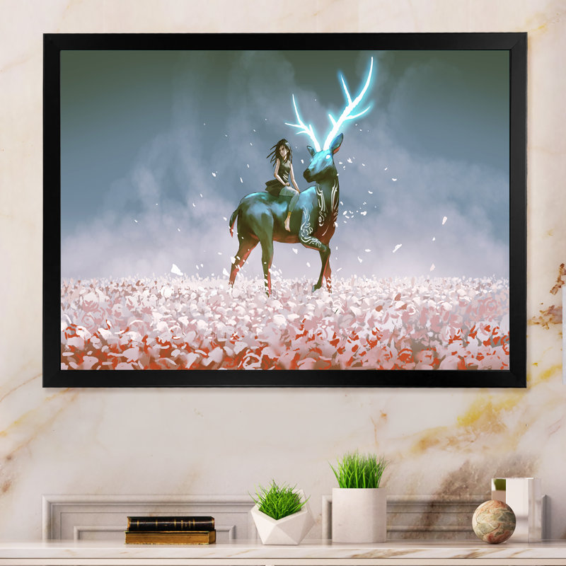 «Video Girl Young Girl With Her Magic Deer», reproduction sur toile, Cadre d'angle fermé noir, H 8 po x l 12 po x P 1 po
