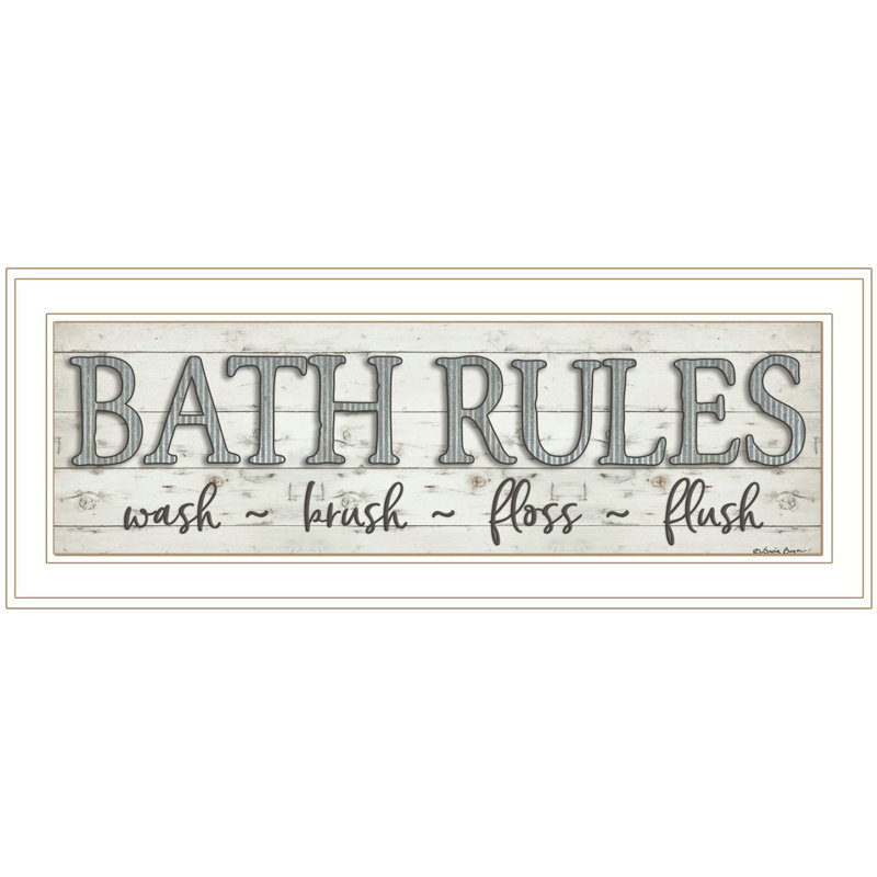 «Bath Rules» par Susie Boyer, prêt à accrocher, reproduction encadrée, H 9 po x l 1 po x P 21 po, Blanc