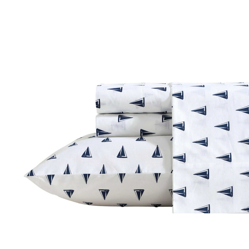 Bradford 200 Thread Count Breathable Cotton Percale Sheet Set, Queen Sheet Set with 2 Pillowcases, Windtale Boat Navy