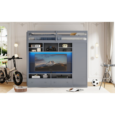 Lit mezzanine double gris avec système de rangement intégré, garde-robe et éclairage à télécommande pour chambres d'adultes Espace de rangement spacieux: tiroirs, tablettes, compartiment caché