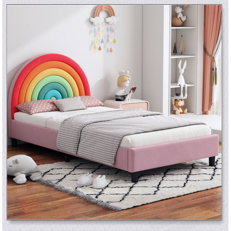 Lit plateforme tapissier simple Rainbow Design pour enfants, confortable et durable avec des couleurs vives et un accès facile