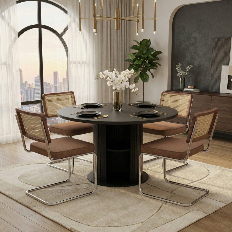 5-piece Round Pedestal Dining Set With Cane Back Cantilever Chairs, Coffee/LInen