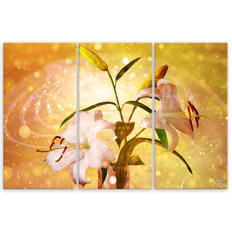 Lily On A Yellow Background - 3 Piece Wrapped Canvas Print Set, 60cm H x 90cm W