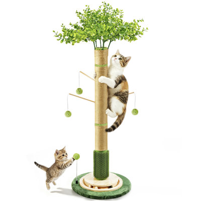 Arbre à chat avec griffoir en corde de sisal de 114 cm, brosse de toilettage intégrée, balle interactive, vert