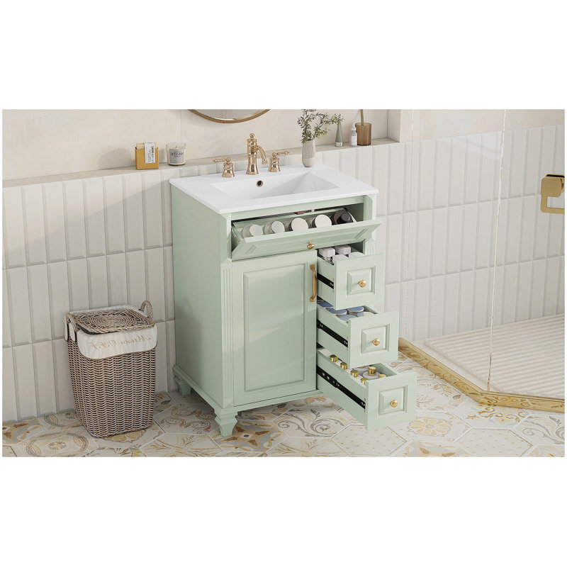 Meuble-lavabo autoportant de 24 po avec lavabo en céramique, tiroir escamotable et plusieurs solutions de rangement, fabrication en bois massif et en panneau de fibres à densité moyenne