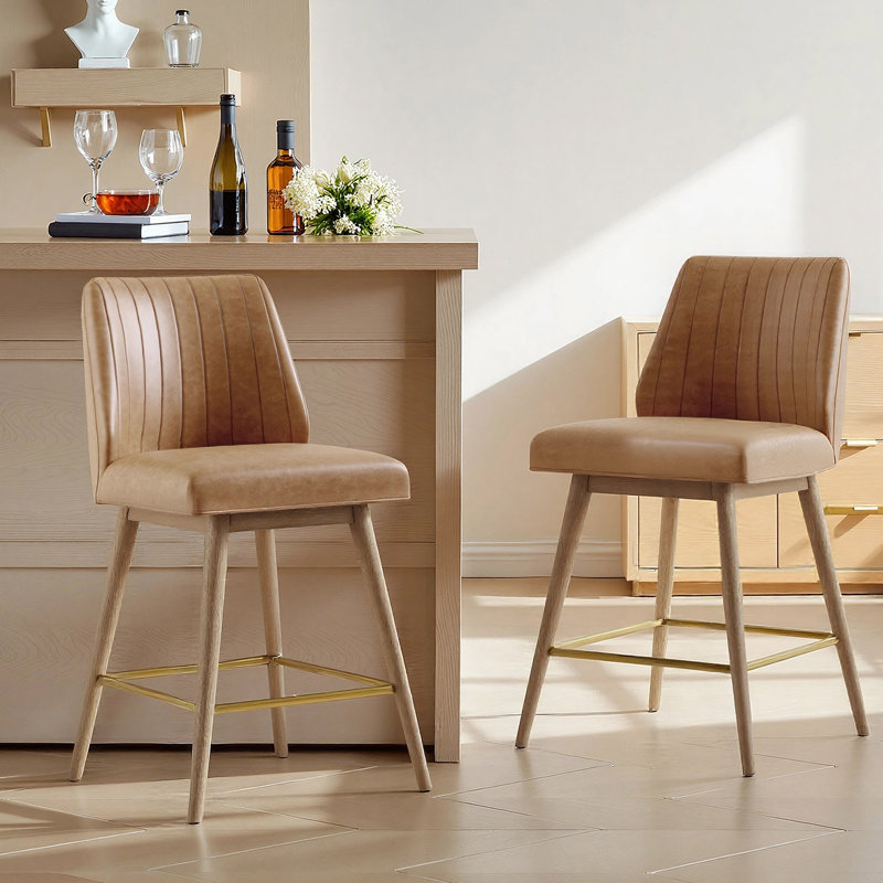 Modern Swivel Bar Stools Set of 2,  Counter Height Faux Leather Upholstered Counter Stools with Back, Mid Century Modern Wood Frame Bar Chairs for Kitchen
