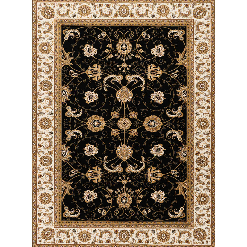 2 pi Tapis rectangulaire noir et victorien tissé à la machine 100% polypropylène X 3 Revêtement en polypropylène à hauteur de poils, envers en polypropylène, balcons