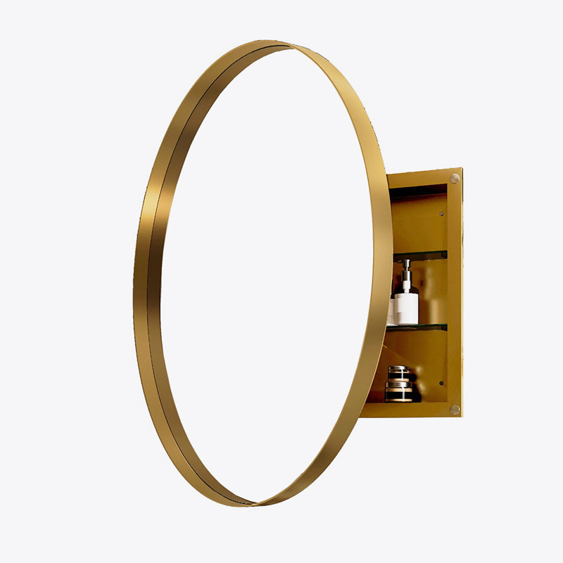 Armoire à pharmacie ronde avec cadre en métal 31,5 pouces avec miroir et tablettes réglables, Or