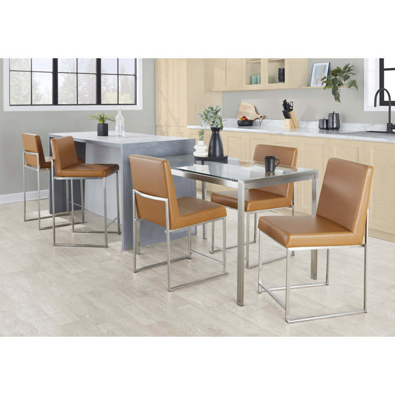 Ernestine 19.25'' H Upholstered Metal Side Chair, Stainless Steel, Camel Faux Leather