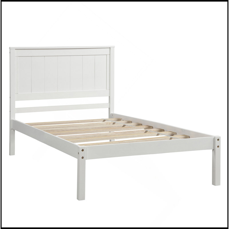 Platform Bed Frame With Headboard, Wood Slat Support, No Box Spring Needed, White, Twin