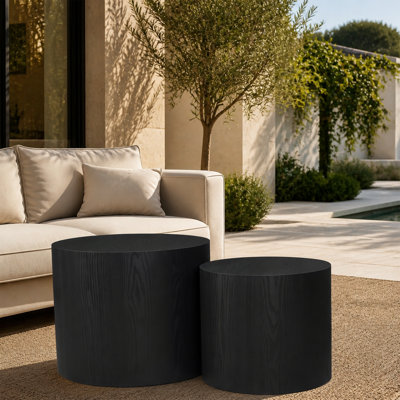 Nesting Coffee Table Set of 2, Modern Round Coffee Table with Non-Slip Feet, Wood Side Table for Living Room, Bedroom, Office, Balcony, Terrace,Small Space, No Assembling, Matte Black