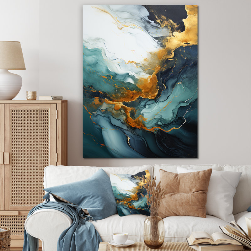 Or et vert cascade de marbre blanc I - peinture abstraite, art mural, Toile tendue, H 40 po x l 30 po