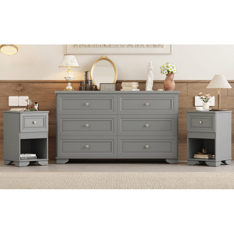 Ensemble de chambre à coucher 3 pièces, commode 6 tiroirs et deux tables de chevet avec poignées en métal, design élégant et style rétro