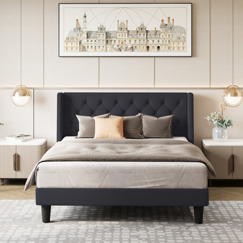Hilbert Upholstered Low Profile Platform Bed Frame with Headboard, Queen, Black