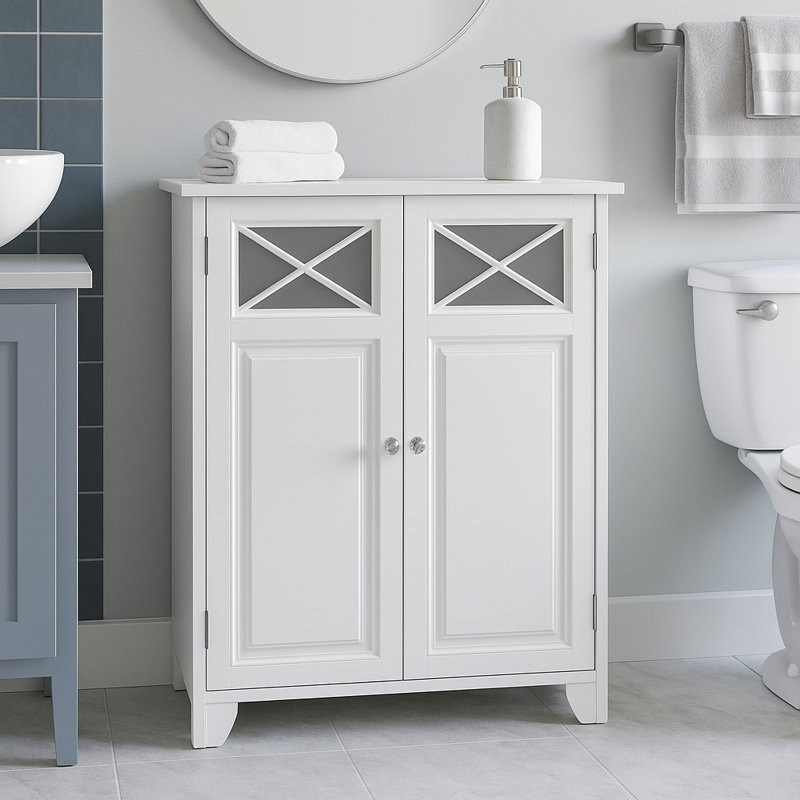 Woodley Freestanding Floor Accent Bathroom Storage Cabinet with Dual-Shelf and Cross Molding