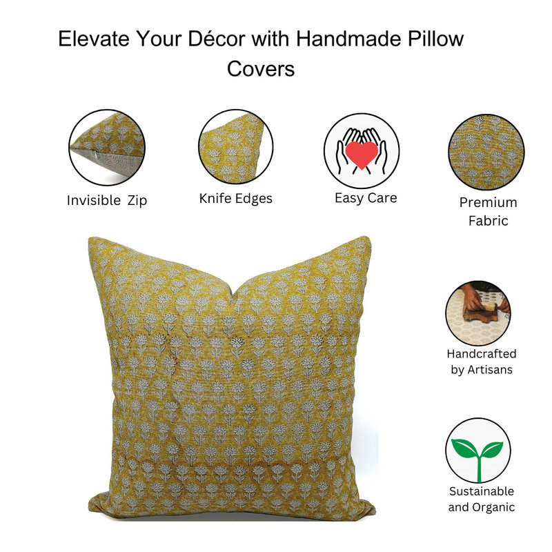 Linen Pillow Cover, Yellow/White, 22"H x 22"W, Square