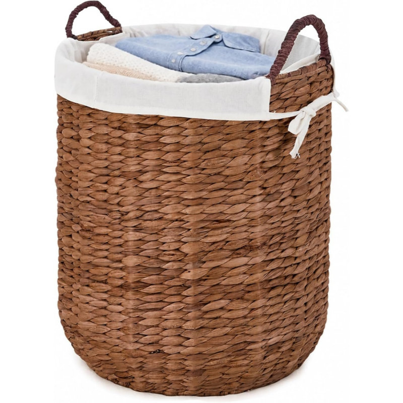 Round Water Hyacinth Storage Baskets, Handwoven Laundry Hamper with Removable Liners, Brown