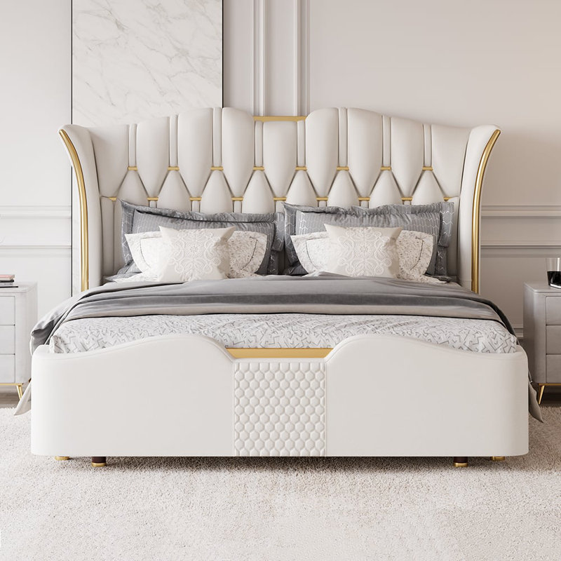 Upholstered Bed Frame With Tufted Wingback Headboard, White